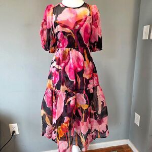 Anthropologie Floral Sheer A-line Midi Spring Dress. Puff Sleeves Ruffle Hem XS
